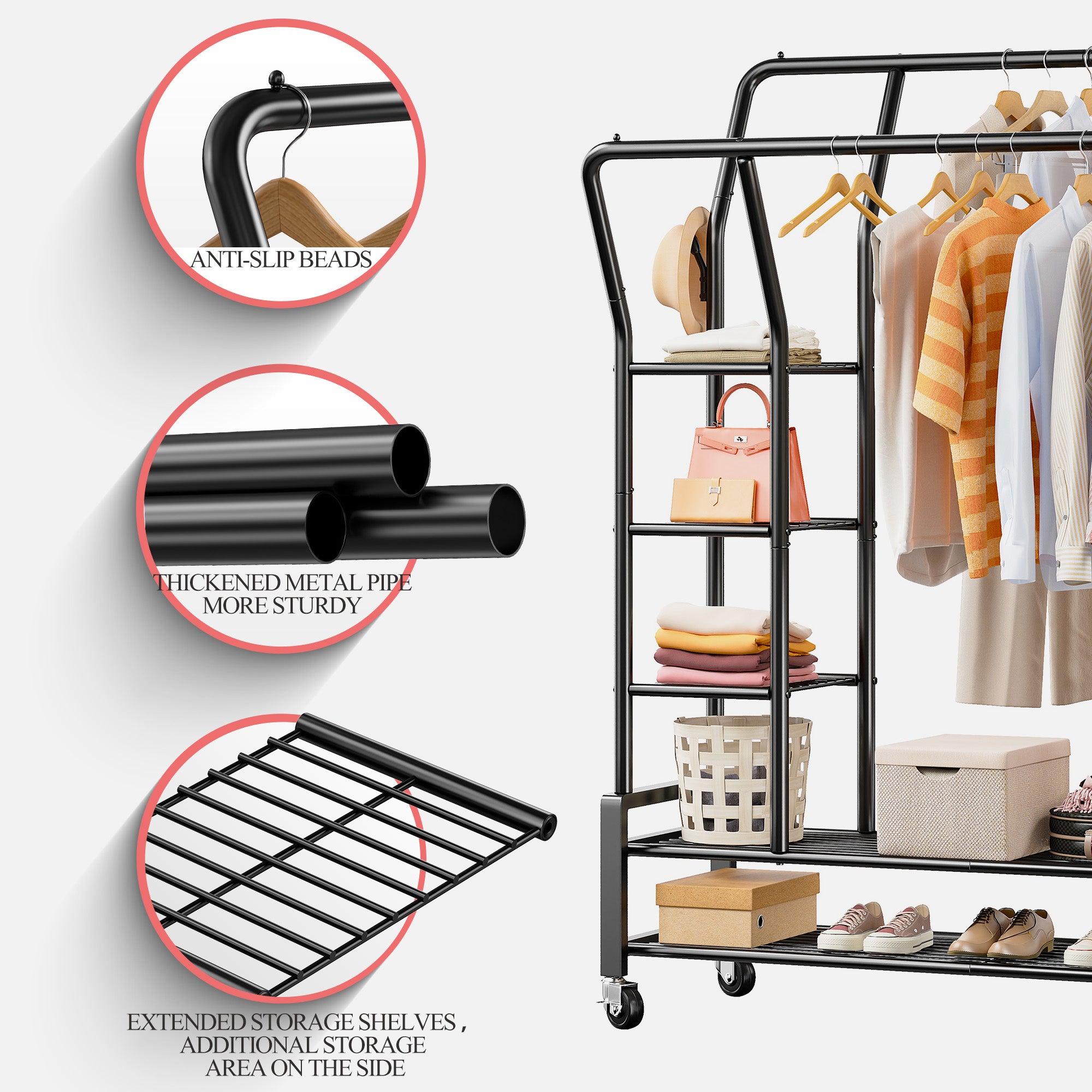 Snhomee Portable Rolling Clothes Rack with Shelves,Clothes Hanging Rack with Wheels, For Commercial&Bedroom