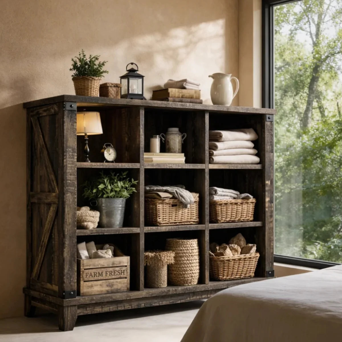 Snhomee 9 Cube Farmhouse Bookshelf, 3-Tier Wooden Cube Storage Organizer with Anti-Tip Design for Living Room, Bedroom & Entryway