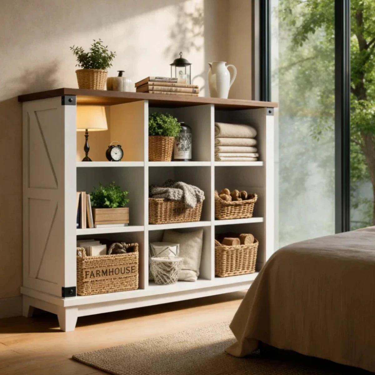 Snhomee 9 Cube Farmhouse Bookshelf, 3-Tier Wooden Cube Storage Organizer with Anti-Tip Design for Living Room, Bedroom & Entryway