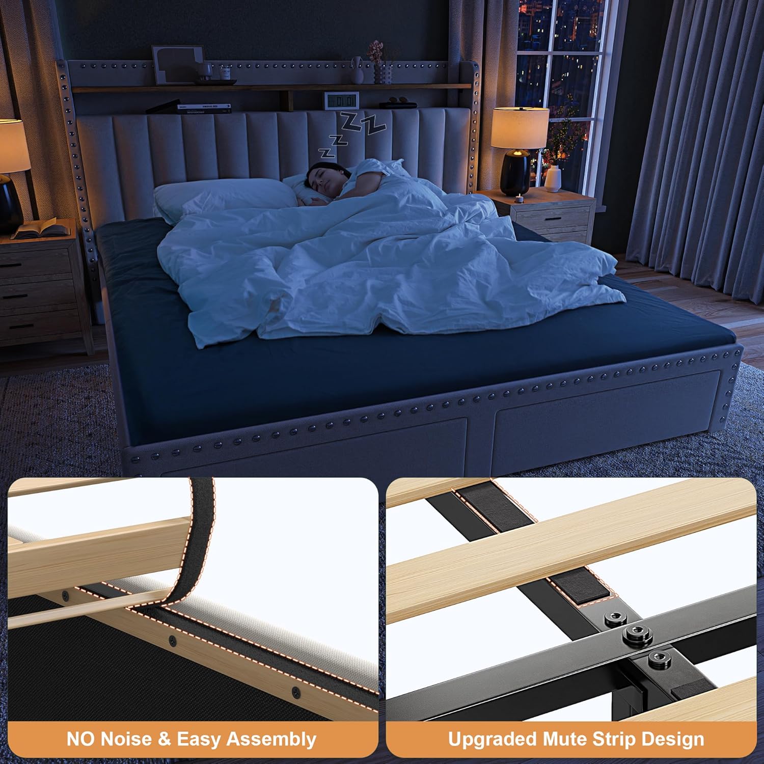 Metal Bed Frame with 2 Storage Drawers & Headboard - 900LBS Capacity, No Noise Design, Padded Platform, No Box Spring Needed, Back to School Beds On Sale