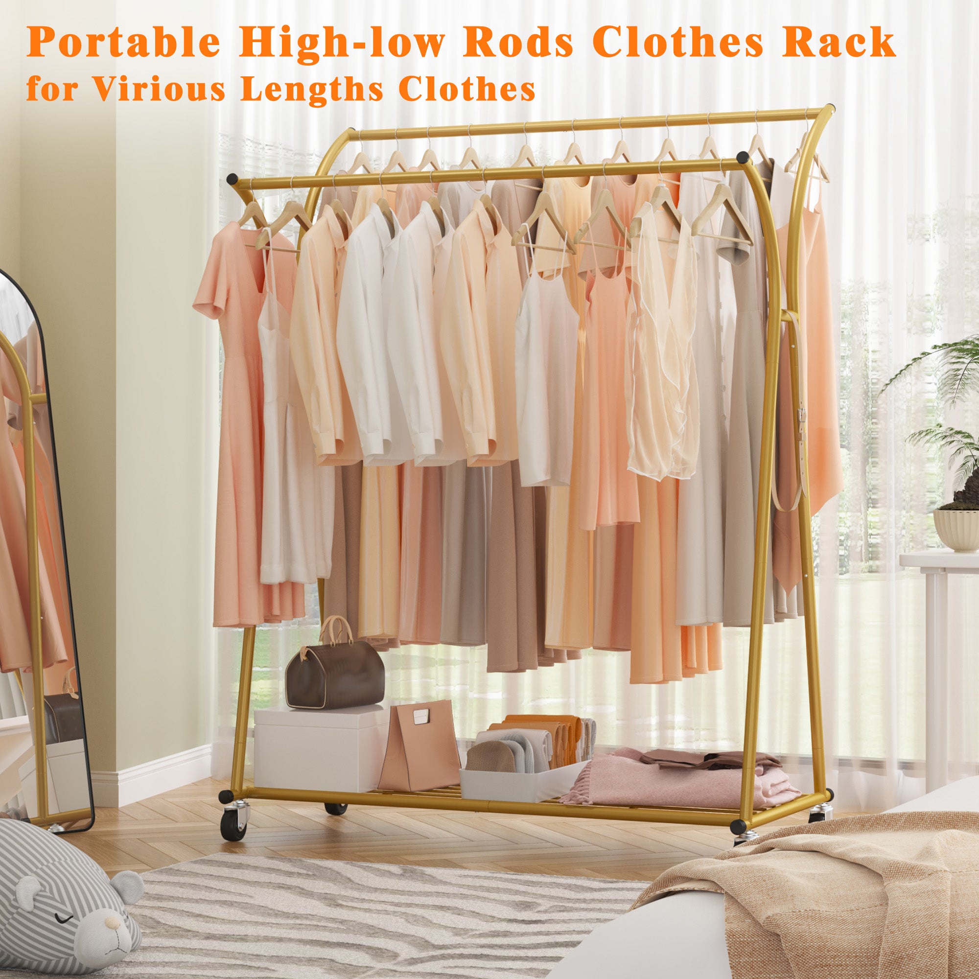 Double-Rod Clothing Rack with Wheels, Rust-Resistant Clothes Rack with Bottom Shelf & Curved Supports for Long Coats