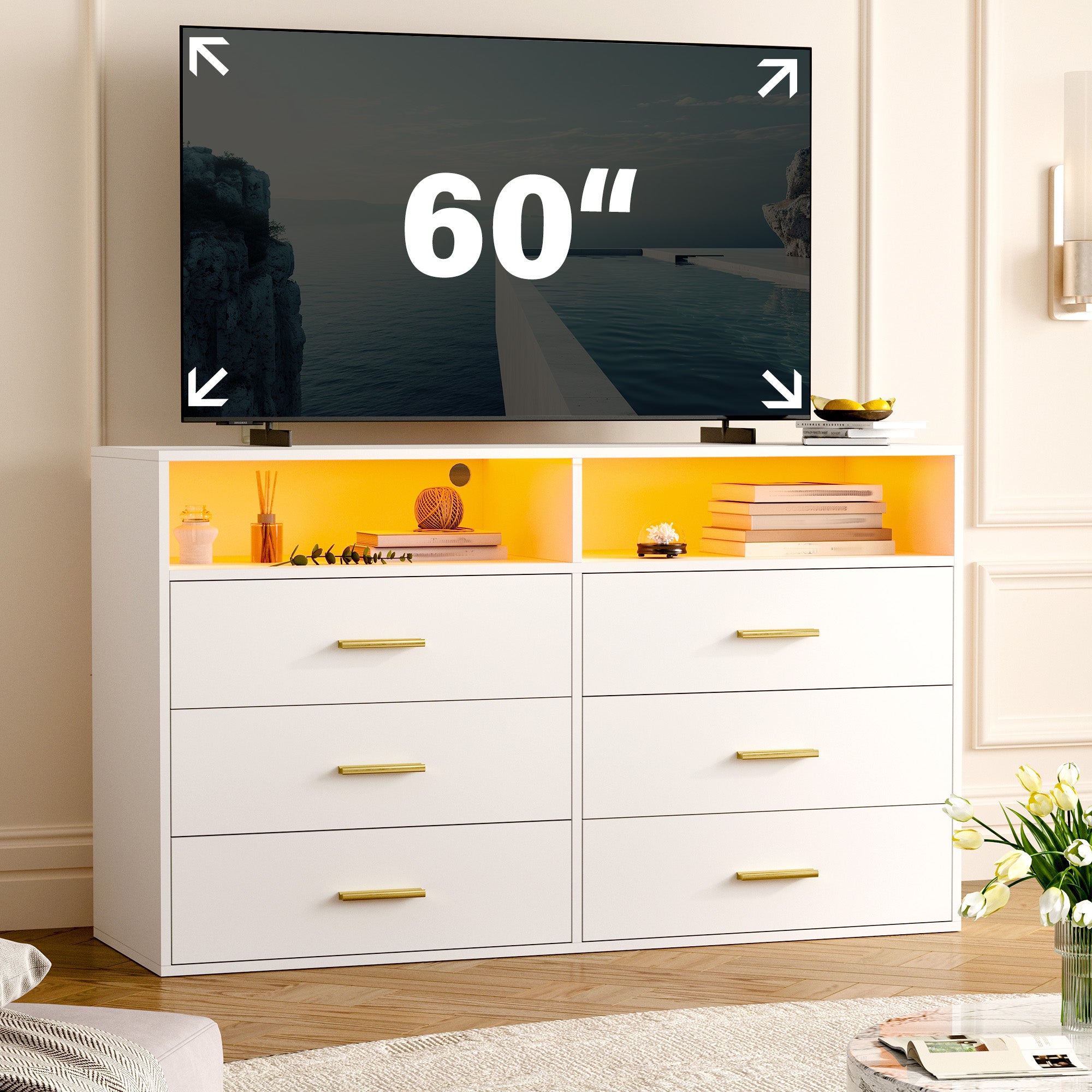 6 Drawers Dresser with LED Lights, Large TV Stand, 2 Open Shelves Top, 47"W Modern Chest with Anti-Tip Safety for Bedroom, Living Room & Small Spaces