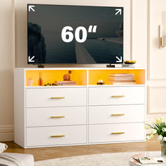 6 Drawers Dresser with LED Lights, Large TV Stand, 2 Open Shelves Top, 47"W Modern Chest with Anti-Tip Safety for Bedroom, Living Room & Small Spaces