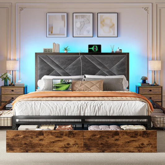 Snhomee Bed frame featuring six storage drawers, upholstered headboard with built-in charging station, noise-free operation, and easy assembly 800
