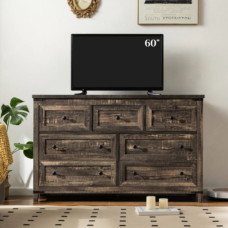 A seven-drawer cabinet in black oak color displayed in the living room, with a television placed on top
