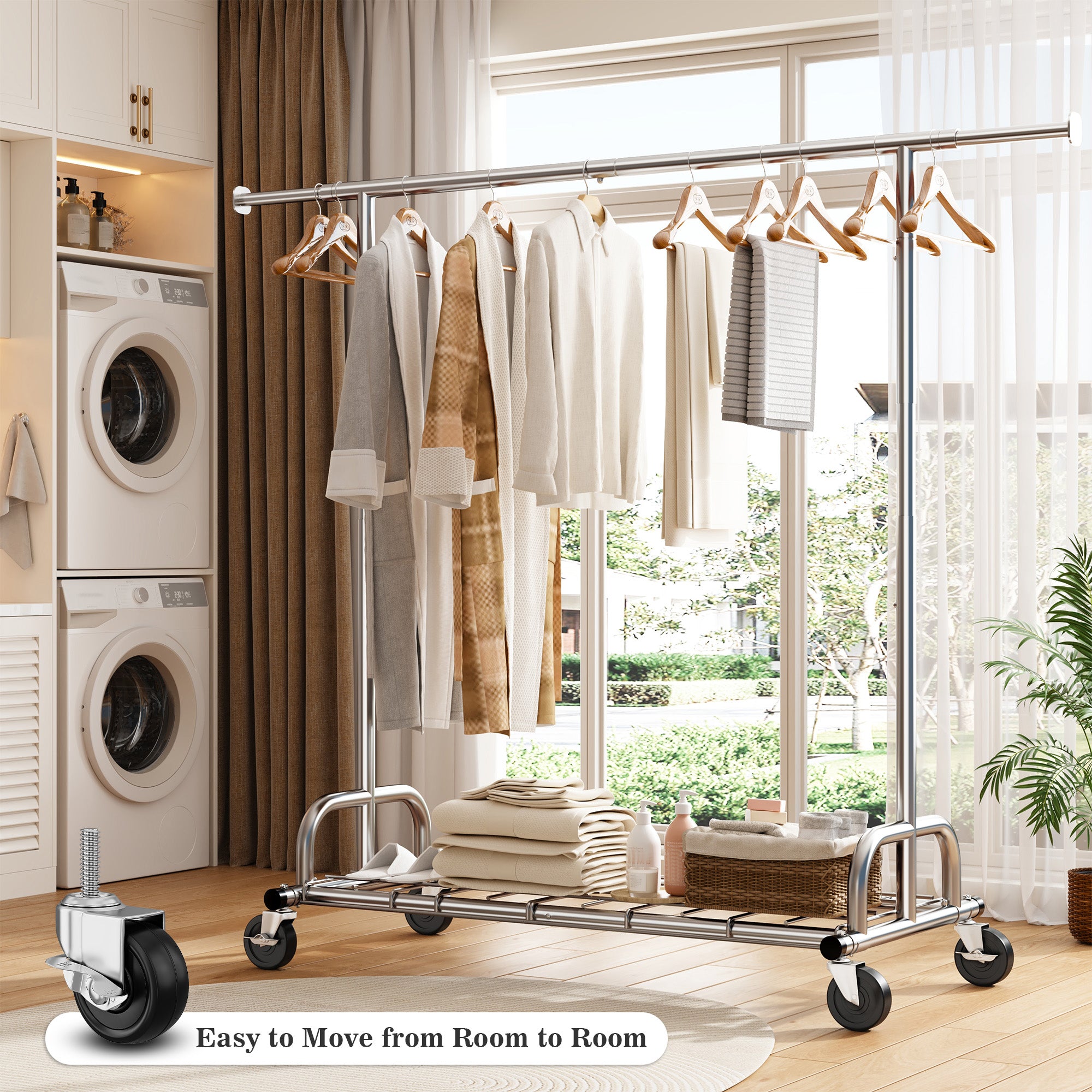 Snhomee 75"W 485LBS Clothes Rack, Metal Garment Rack With Wheels, Adjustable  Rolling Clothing Rack,  Portable Clothes Rack For Dorm