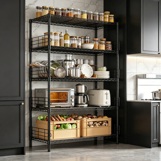 Snhomee 5-Tier Metal Shelving Unit with 771 lbs Capacity - Adjustable Storage Rack with Side Blockers & Hooks 800