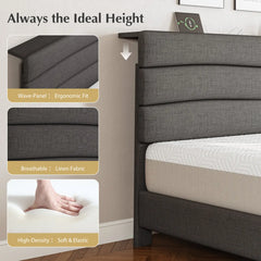 Snhomee Upholstered Bed Frame with Adjustable Headboard Shelf, USB Charging Station, Heavy Duty Wooden Slats Support, 880 lbs Capacity, Noise-Free, No Box Spring Needed, Modern Bed for Apartments