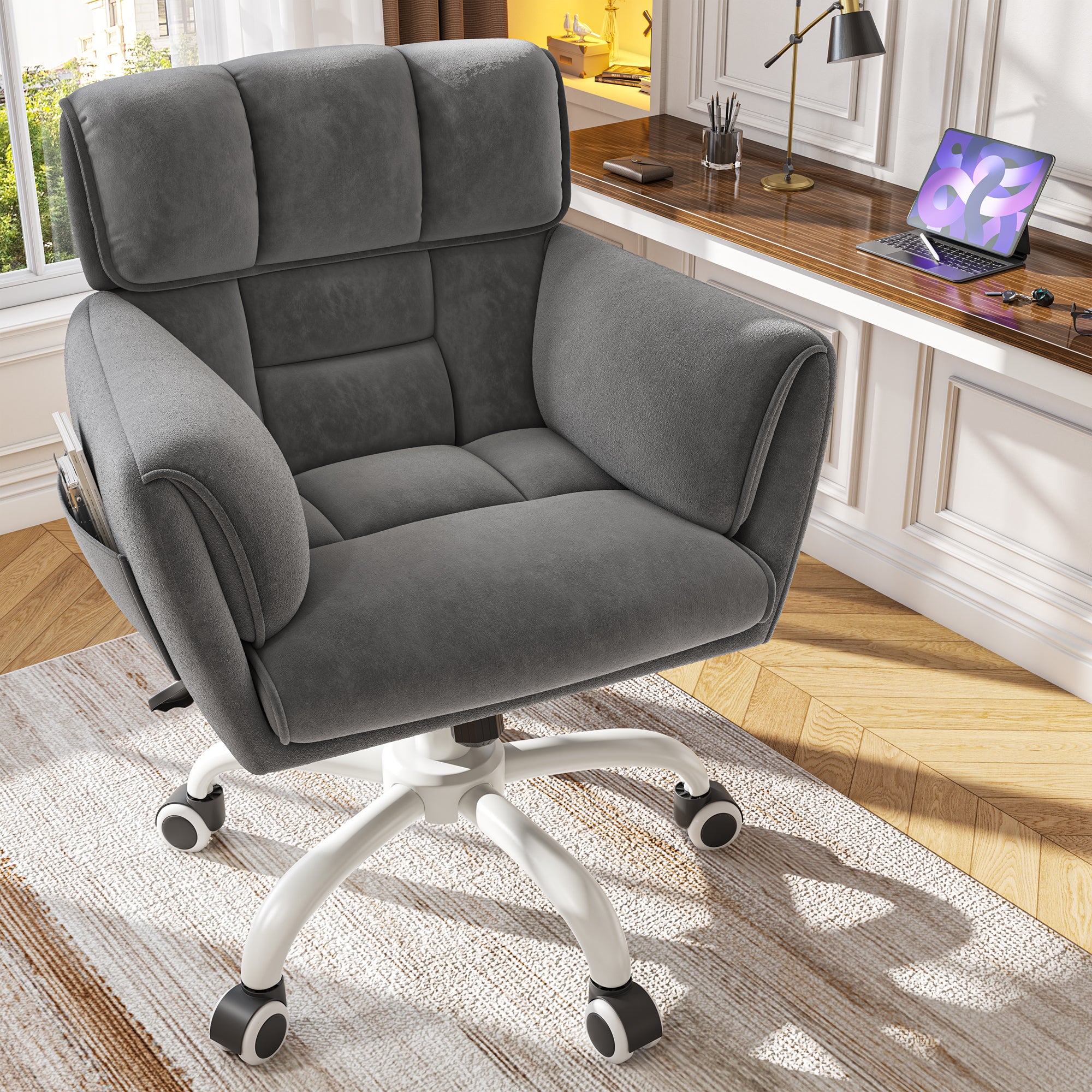 Modern Adjustable Vanity Chair with Wheels | Skin-Friendly Upholstery & Side Pockets | Bedroom Makeup Seat | Home Office Chair-Beige-snhomee