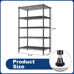 Snhomee Freestanding 5‑Tier Metal Storage Rack, 21.45"W x 62.4"H Adjustable Wire Shelving, Powder Coated Rust & Water Resistant Anti‑Tipping Organizer for Kitchen Pantry