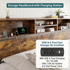 Snhomee Bed Frame with Storage Headboard and 6 Drawers & Charging Station - No Noise, No Box Spring Frames, 1100LBS Capacity