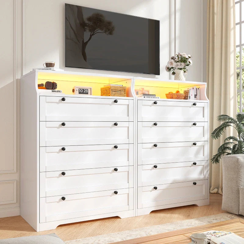48"H 5-Drawer Wood Dresser and Chest with LED Lights for Bedroom-Clothing & Closet Storage-31.3"L x 15.7"W x 48.5"H-Black-snhomee