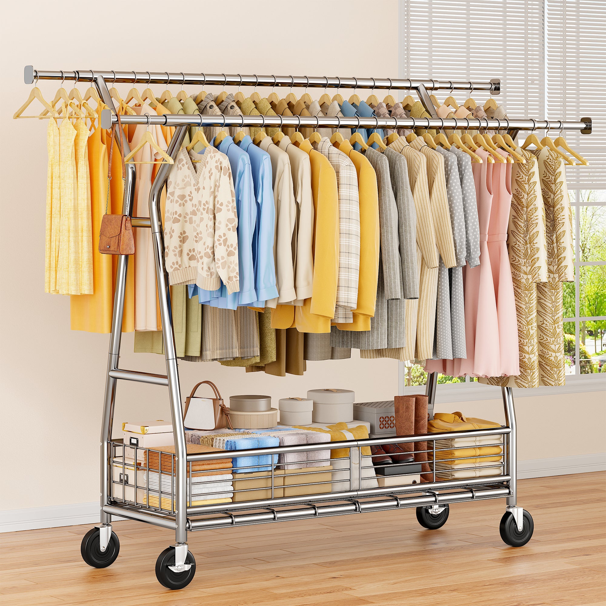 An overall scene display of a clothes hanger, with many pieces of clothing hung on it, showcasing its capacity and load-bearing ability