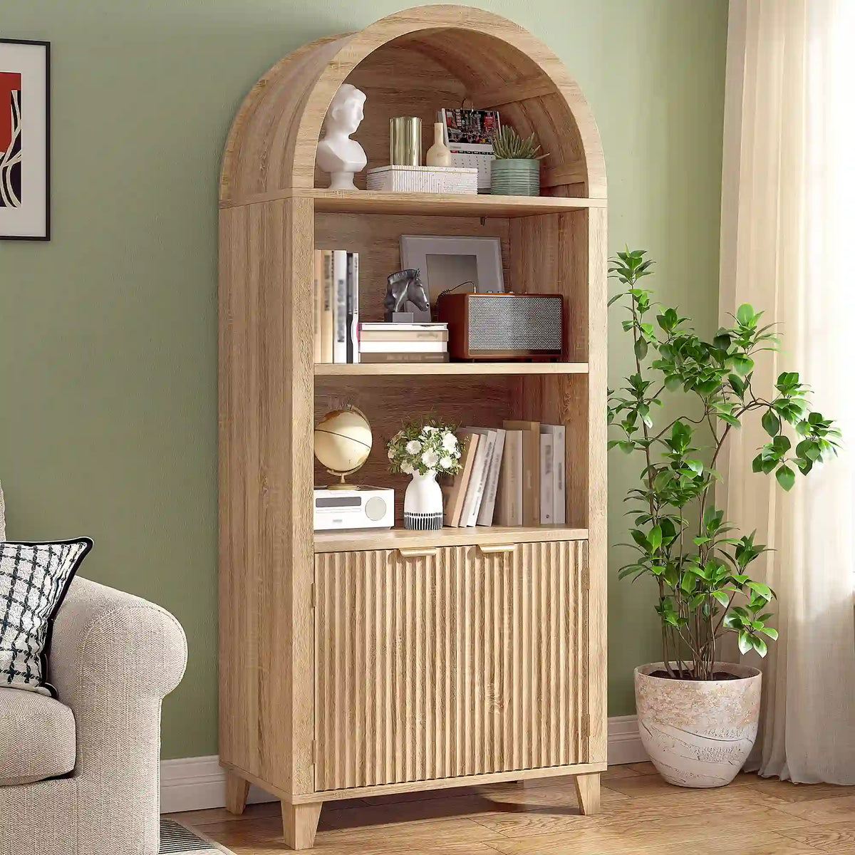 Arched Bookshelf with Fluted Doors,Storage Cabinet with Open & Adjustable Shelves, Versatile Cupboard for Living Room&Bedroom& Dining Room
