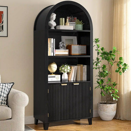 Snhomee Arched Bookshelf with Fluted Doors,Storage Cabinet with Open & Adjustable Shelves, Versatile Cupboard for Living Room&Bedroom& Dining Room 2000