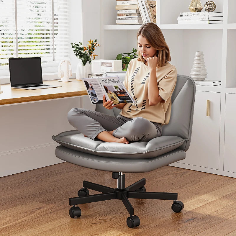 Snhomee Armless Office Chair with 27" Extra-Wide Seat, Cross-Legged Ergonomic Desk Chair, Adjustable Height, Swivel & Rocking, Waterproof PU Leather Vanity Chair for Dorm, Supports 300 lbs