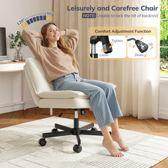 Snhomee Armless Office Chair with 27" Extra-Wide Seat, Cross-Legged Ergonomic Desk Chair, Adjustable Height, Swivel & Rocking, Waterproof PU Leather Vanity Chair for Dorm, Supports 300 lbs