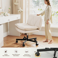 Snhomee Armless Office Chair with 27" Extra-Wide Seat, Cross-Legged Ergonomic Desk Chair, Adjustable Height, Swivel & Rocking, Waterproof PU Leather Vanity Chair for Dorm, Supports 300 lbs