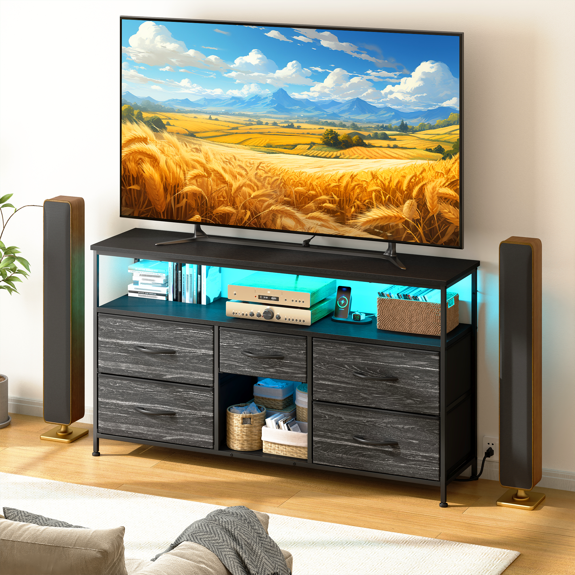 Snhomee 50" Inch TV Stand with Shelves, Entertainment Center with LED & Power Outlets, 5 Drawers Dresser for Bedroom, Living Room Black Snhomee 50" Inch TV Stand with Shelves, Entertainment Center with LED & Power Outlets, 5 Drawers Dresser for Bedroom, Living Room Black