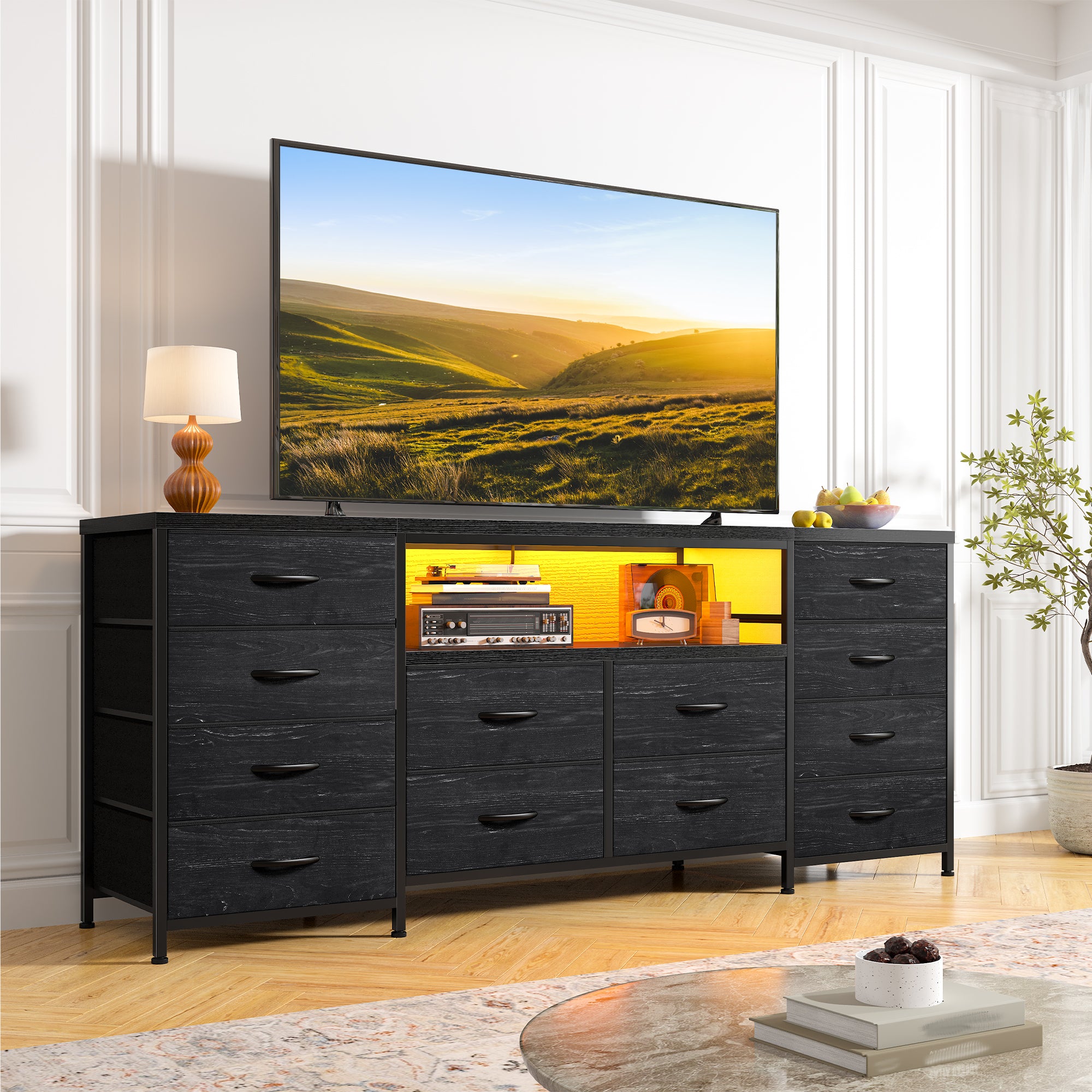 Snhomee TV Stand with 12 Drawers, LED Light Strip & Charging Station for 65–75" TVs – Tool-Free Assembly Media Console, Ideal for Living Room, Bedroom, Apartment, or Gaming Setup