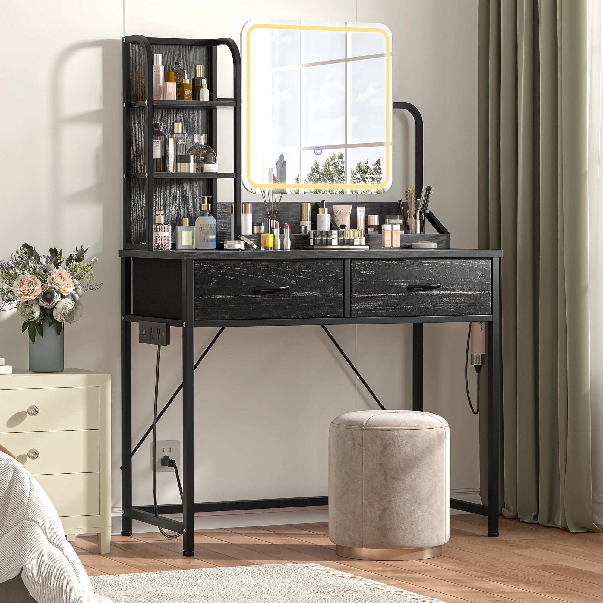 Snhomee Vanity Desk with Mirror, LED Lighting, Power Station & 2 Storage Drawers, Easy to assemble, for Bedroom, Apartment, Dormitory