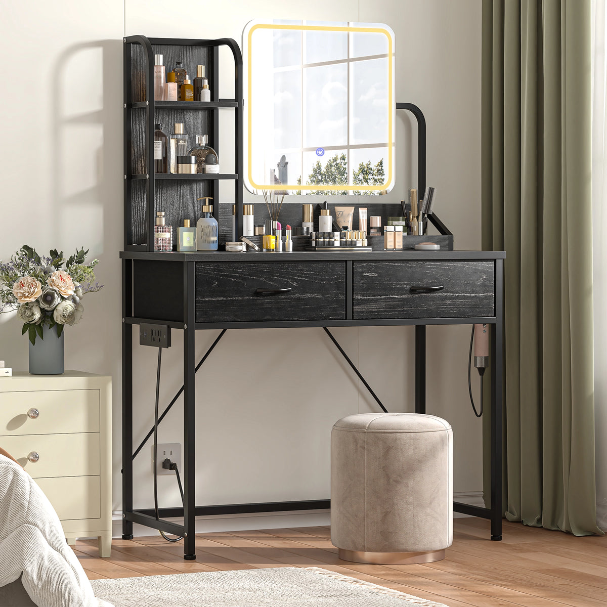 Snhomee Vanity Desk with Mirror, LED Lighting, Power Station & 2 Storage Drawers, Easy to assemble, for Bedroom, Apartment, Dormitory