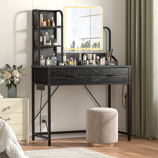 Snhomee Vanity Desk with Mirror, LED Lighting, Power Station & 2 Storage Drawers, Easy to assemble, for Bedroom, Apartment, Dormitory 2000