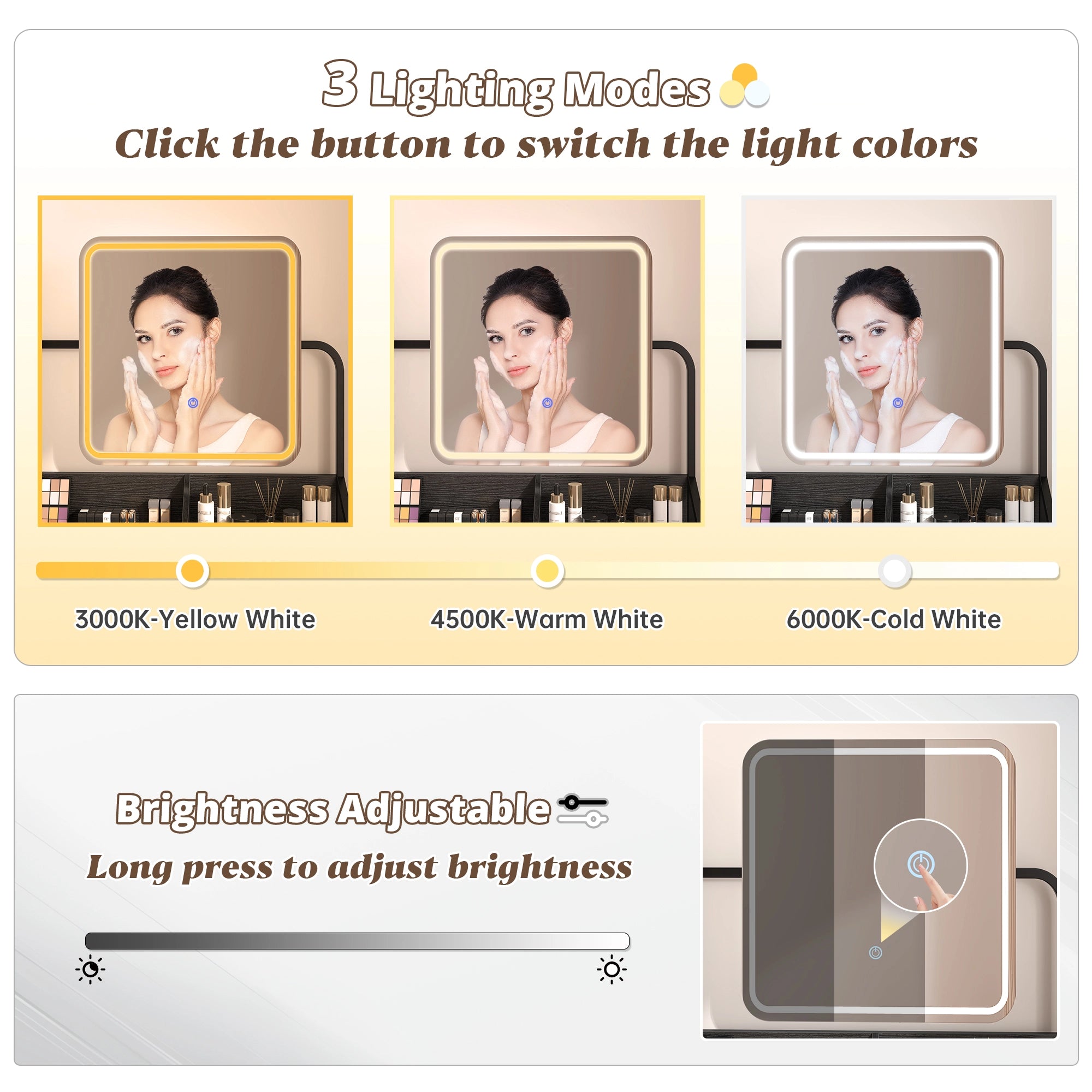Snhomee Vanity Desk with Mirror, LED Lighting, Power Station & 2 Storage Drawers, Easy to assemble, for Bedroom, Apartment, Dormitory