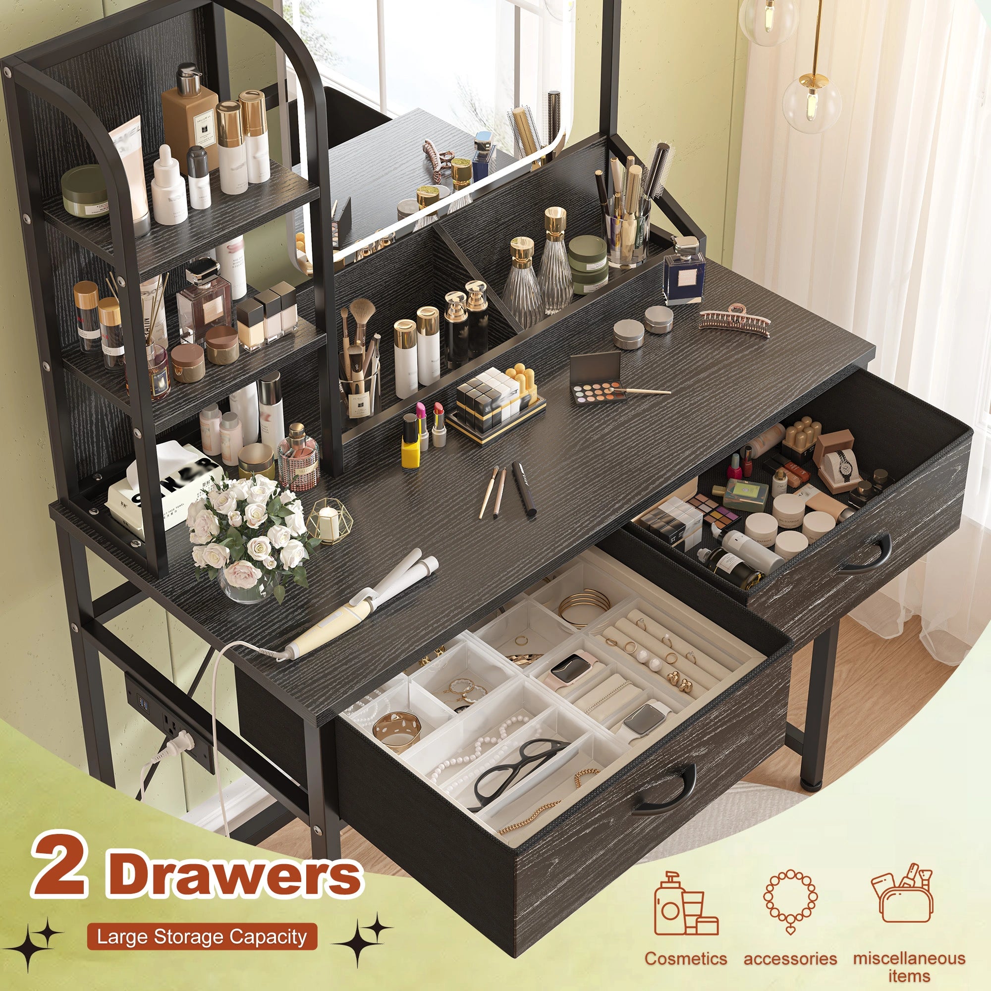Snhomee Vanity Desk with Mirror, LED Lighting, Power Station & 2 Storage Drawers, Easy to assemble, for Bedroom, Apartment, Dormitory
