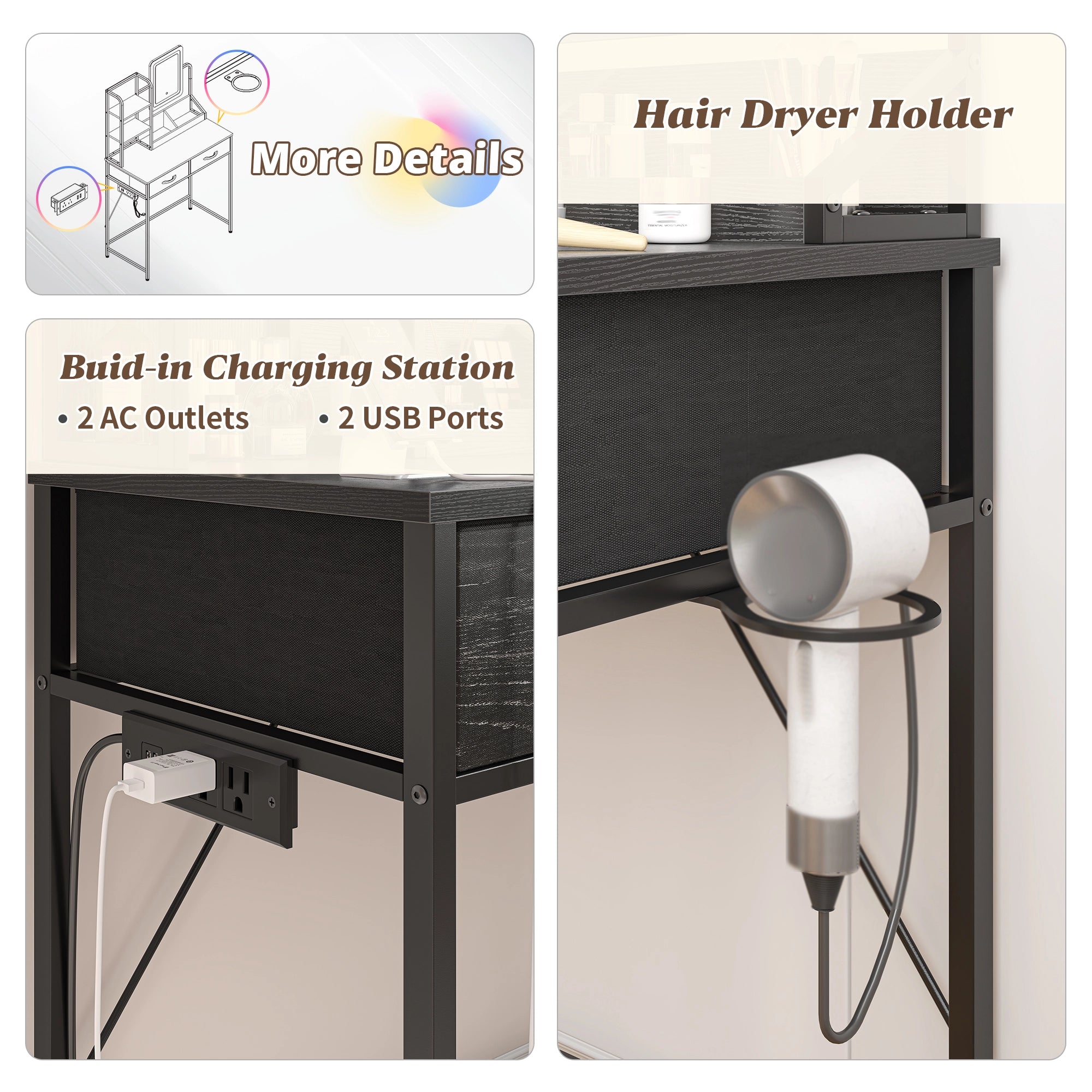 Snhomee Vanity Desk with Mirror, LED Lighting, Power Station & 2 Storage Drawers, Easy to assemble, for Bedroom, Apartment, Dormitory