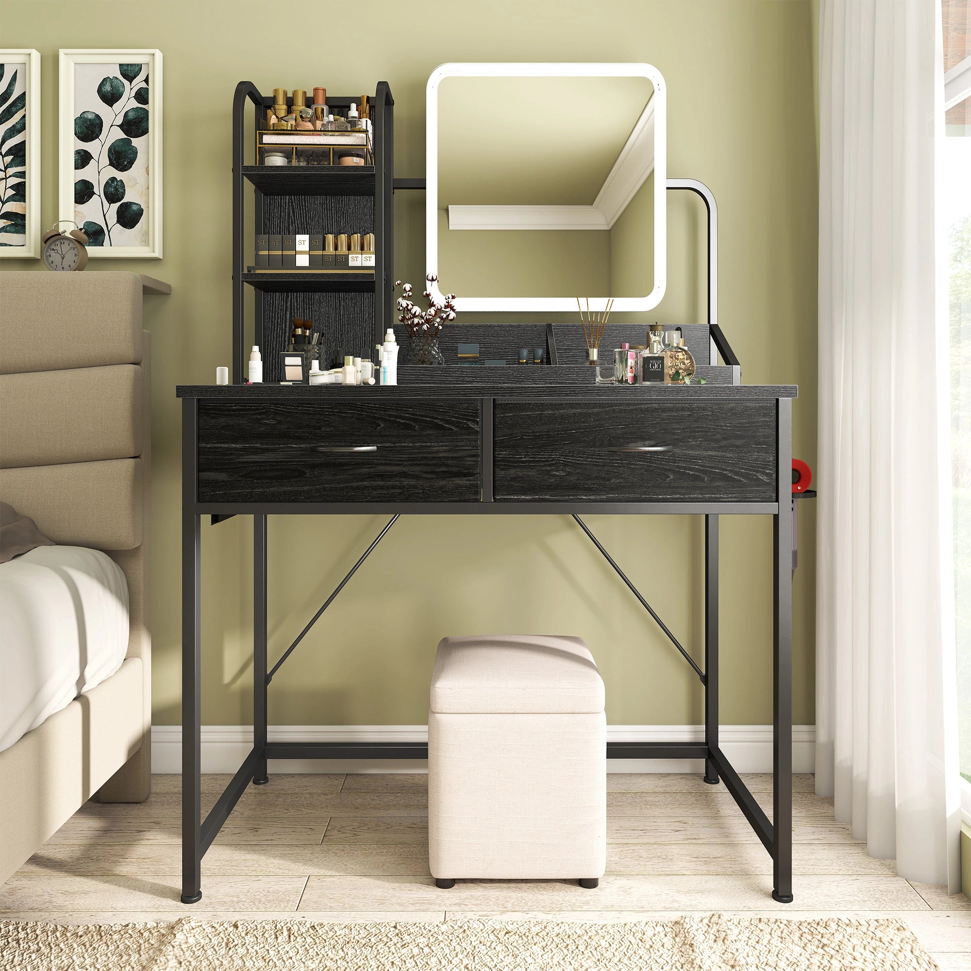 Snhomee Vanity Desk with Mirror, LED Lighting, Power Station & 2 Storage Drawers, Easy to assemble, for Bedroom, Apartment, Dormitory