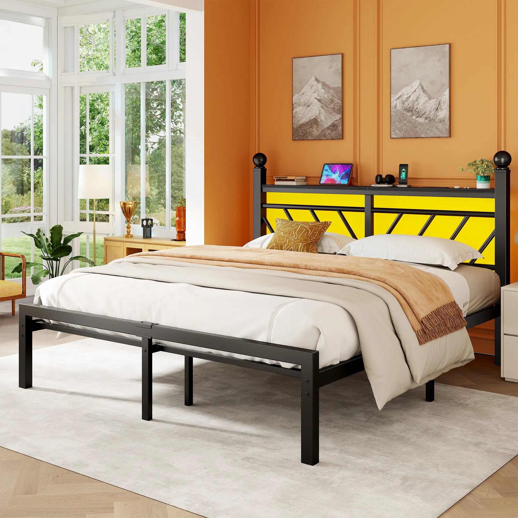 Snhomee Metal Bed Frame with LED Light Headboard & Outlet, Noise-Free Design, Under-Bed Storage for Bedroom