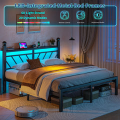 Snhomee Metal Bed Frame with LED Light Headboard & Outlet, Noise-Free Design, Under-Bed Storage for Bedroom