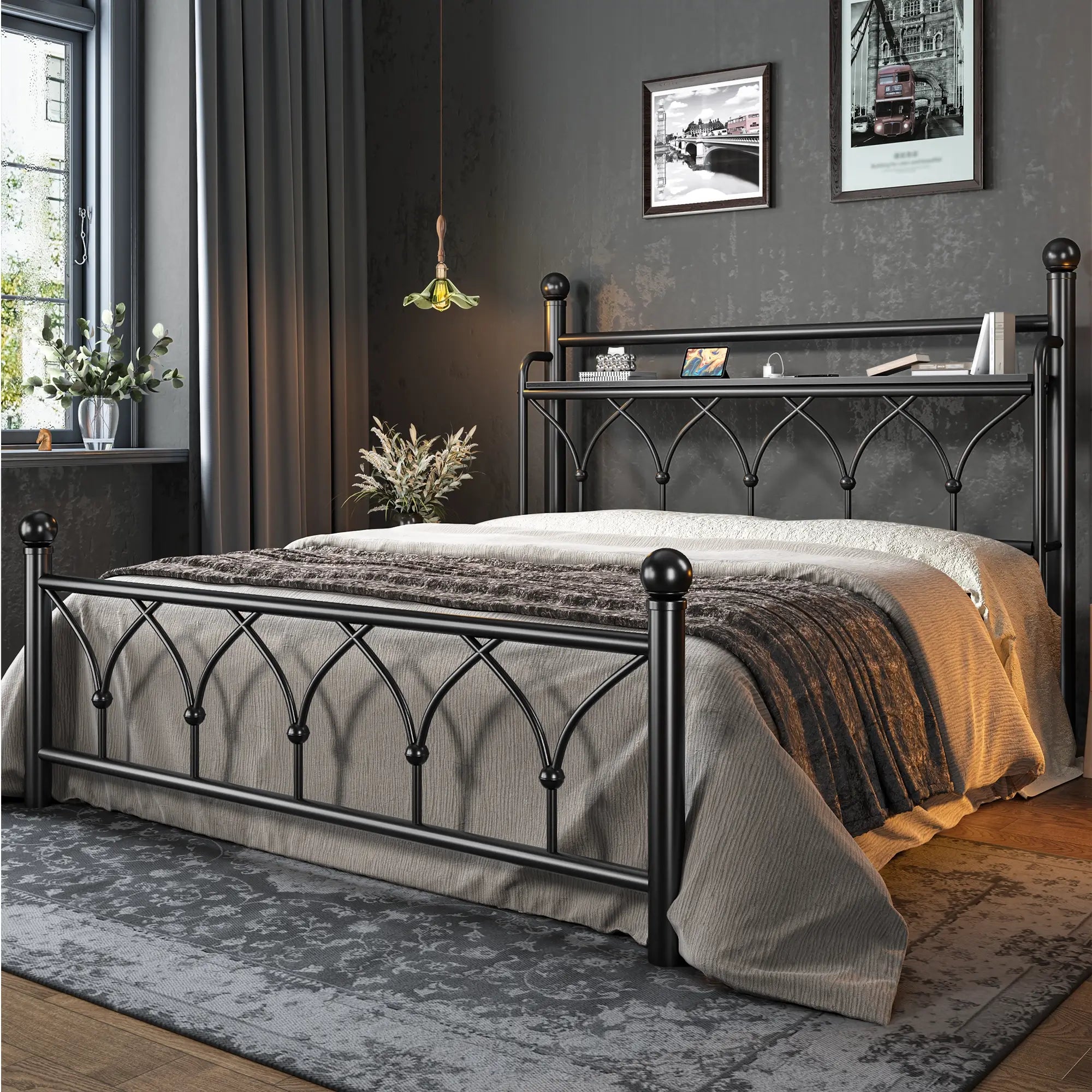 Functional Metal Bed Frame with LED Headboard & Charging Station – Storage Shelf, Noise-Free Design, 882lbs Capacity