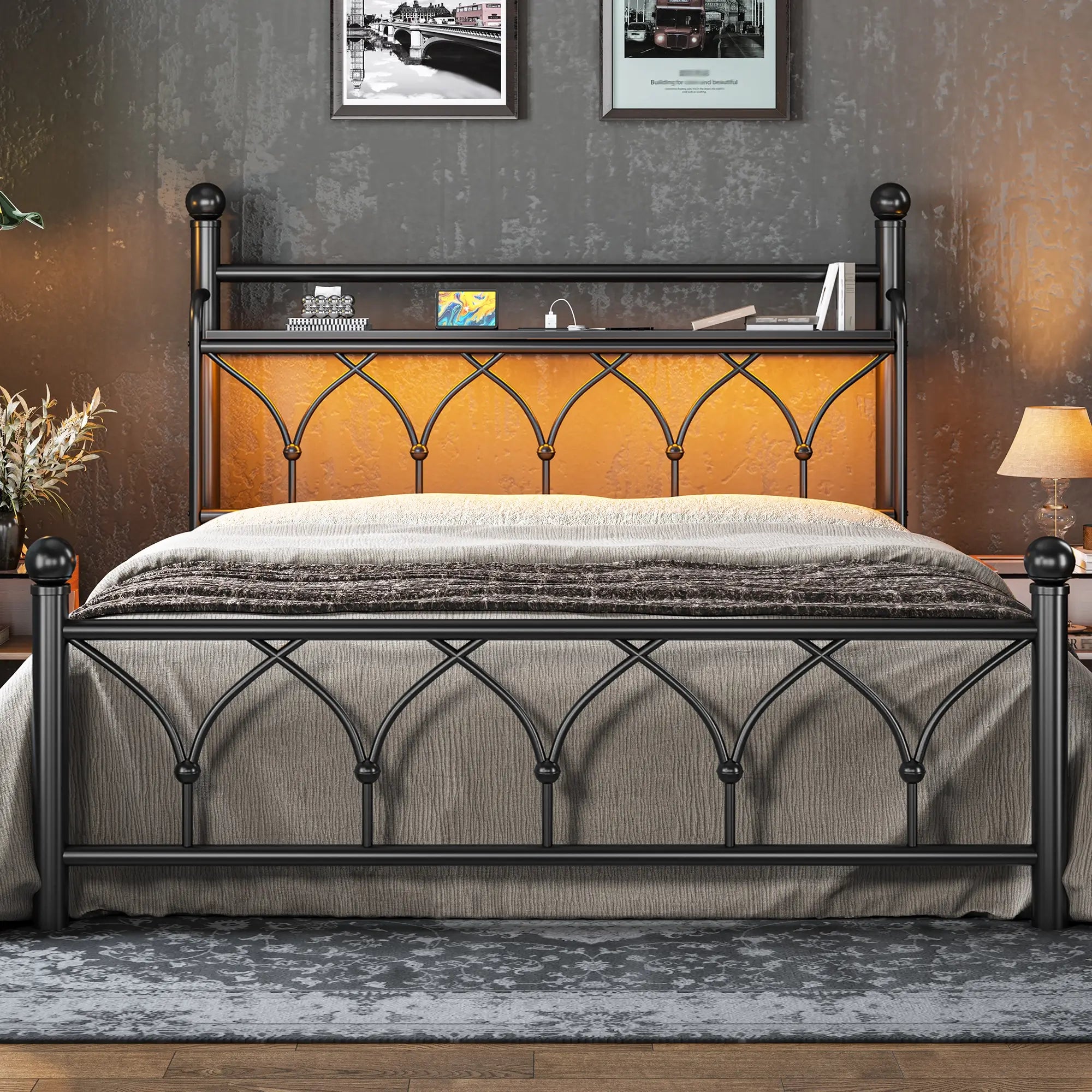 Functional Metal Bed Frame with LED Headboard & Charging Station – Storage Shelf, Noise-Free Design, 882lbs Capacity