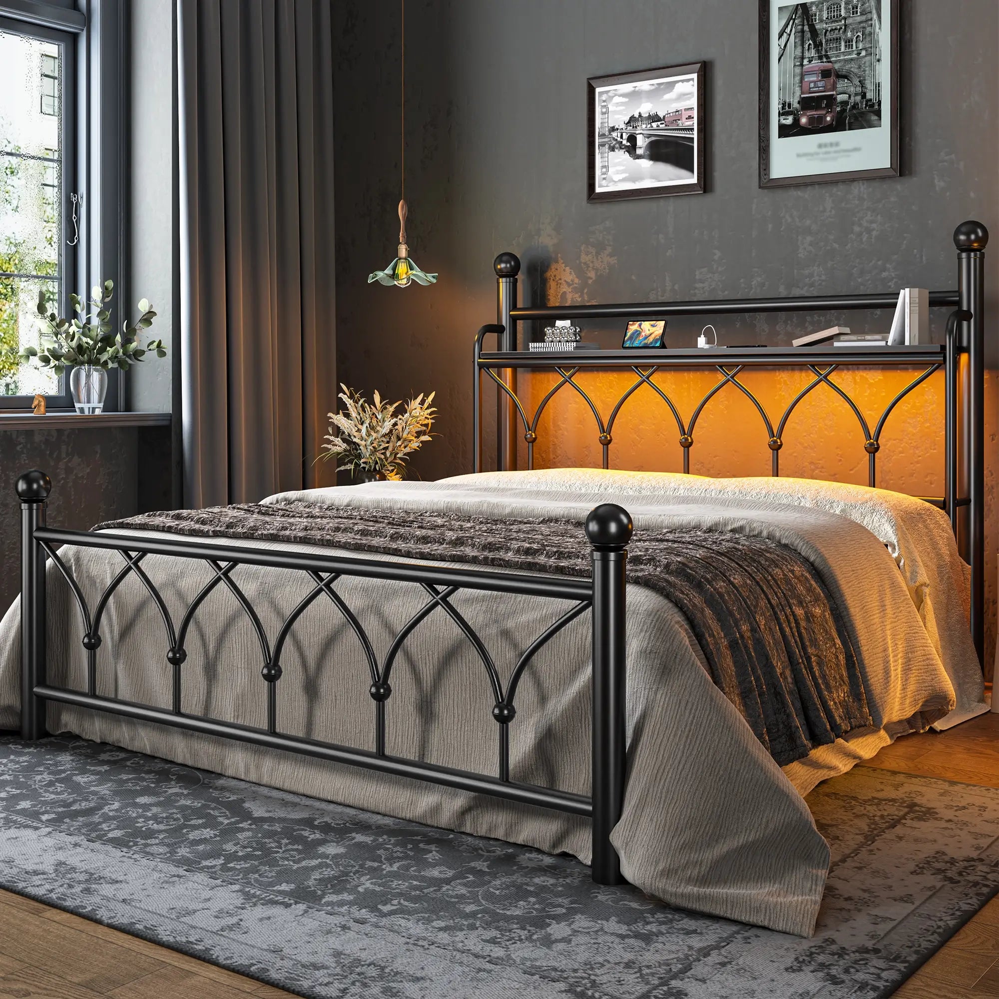 Functional Metal Bed Frame with LED Headboard & Charging Station – Storage Shelf, Noise-Free Design, 882lbs Capacity