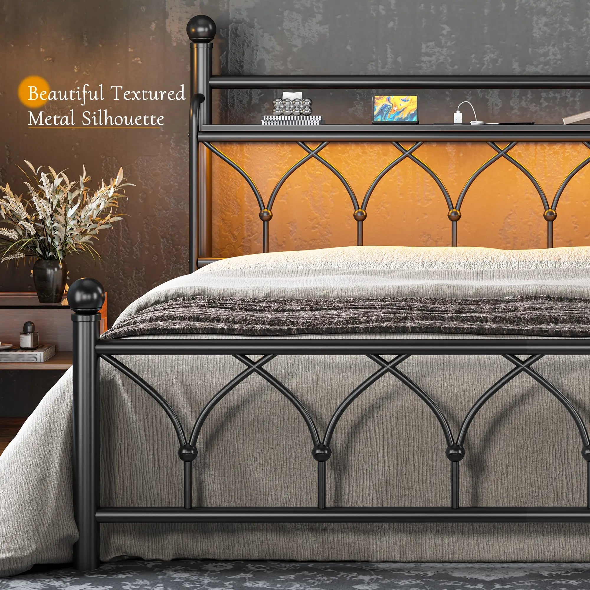 Functional Metal Bed Frame with LED Headboard & Charging Station – Storage Shelf, Noise-Free Design, 882lbs Capacity