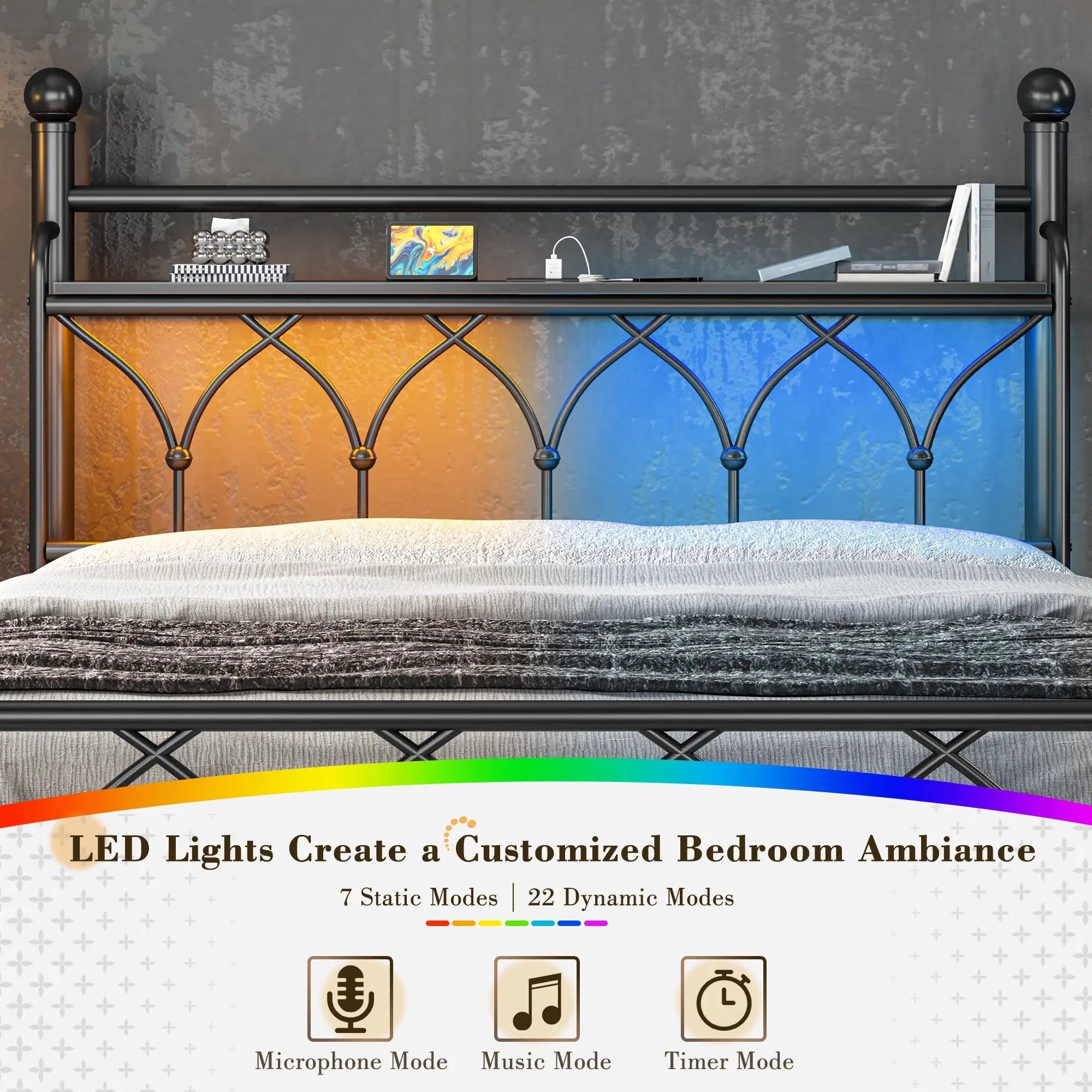 Functional Metal Bed Frame with LED Headboard & Charging Station – Storage Shelf, Noise-Free Design, 882lbs Capacity