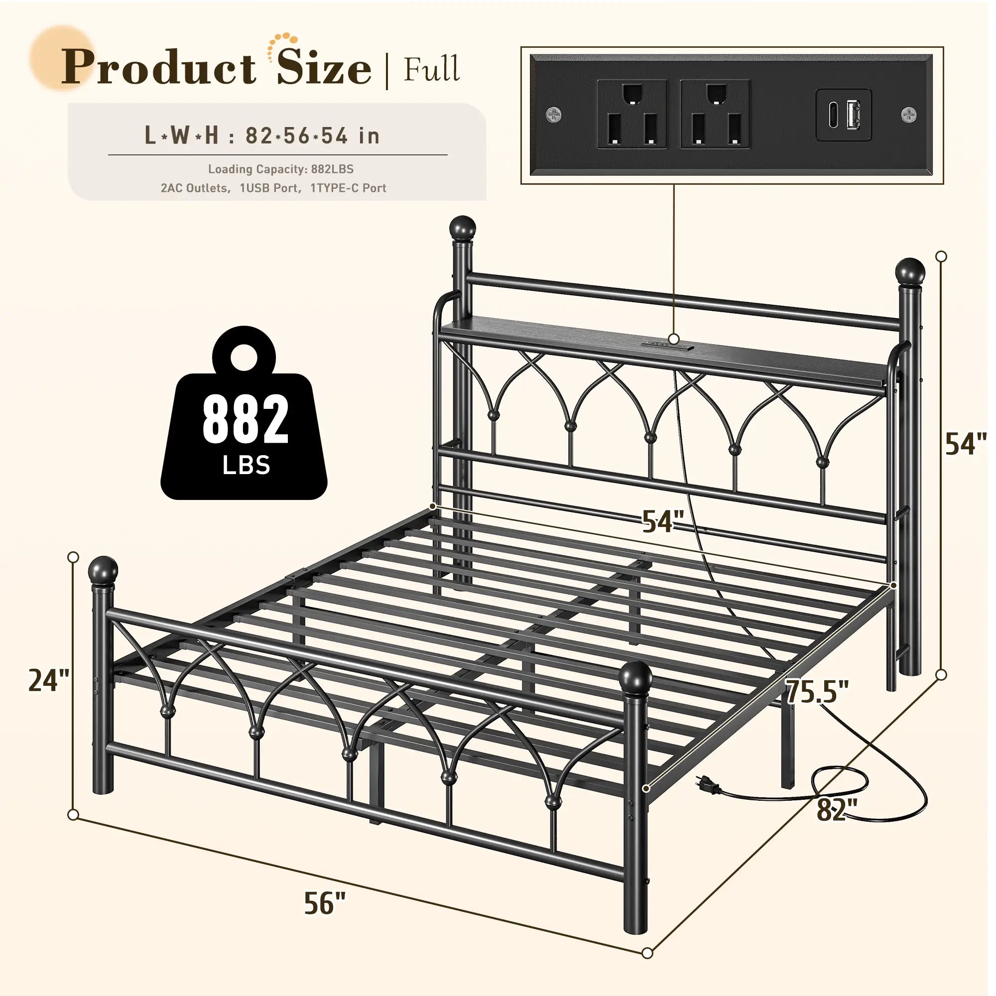 Functional Metal Bed Frame with LED Headboard & Charging Station – Storage Shelf, Noise-Free Design, 882lbs Capacity