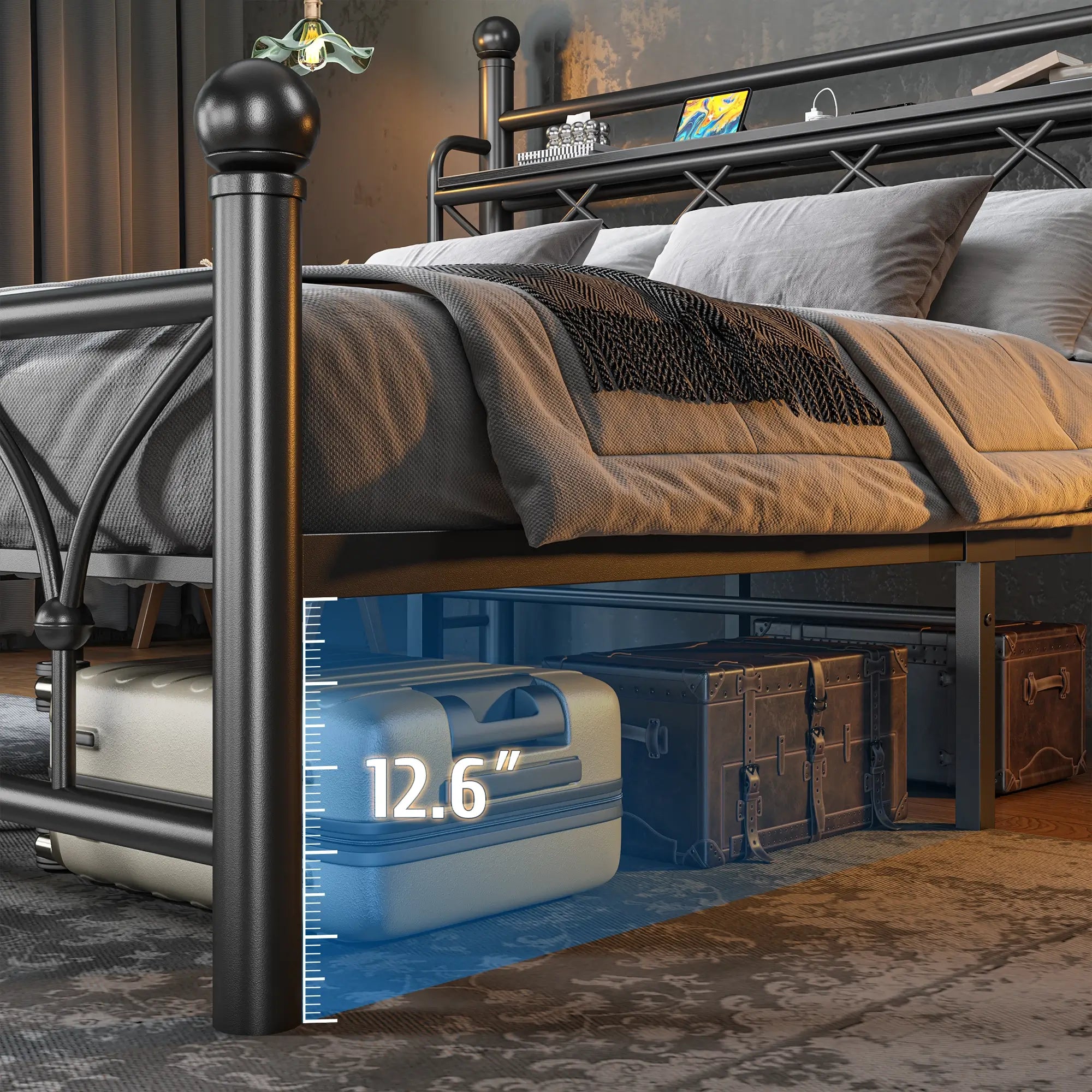 Functional Metal Bed Frame with LED Headboard & Charging Station – Storage Shelf, Noise-Free Design, 882lbs Capacity