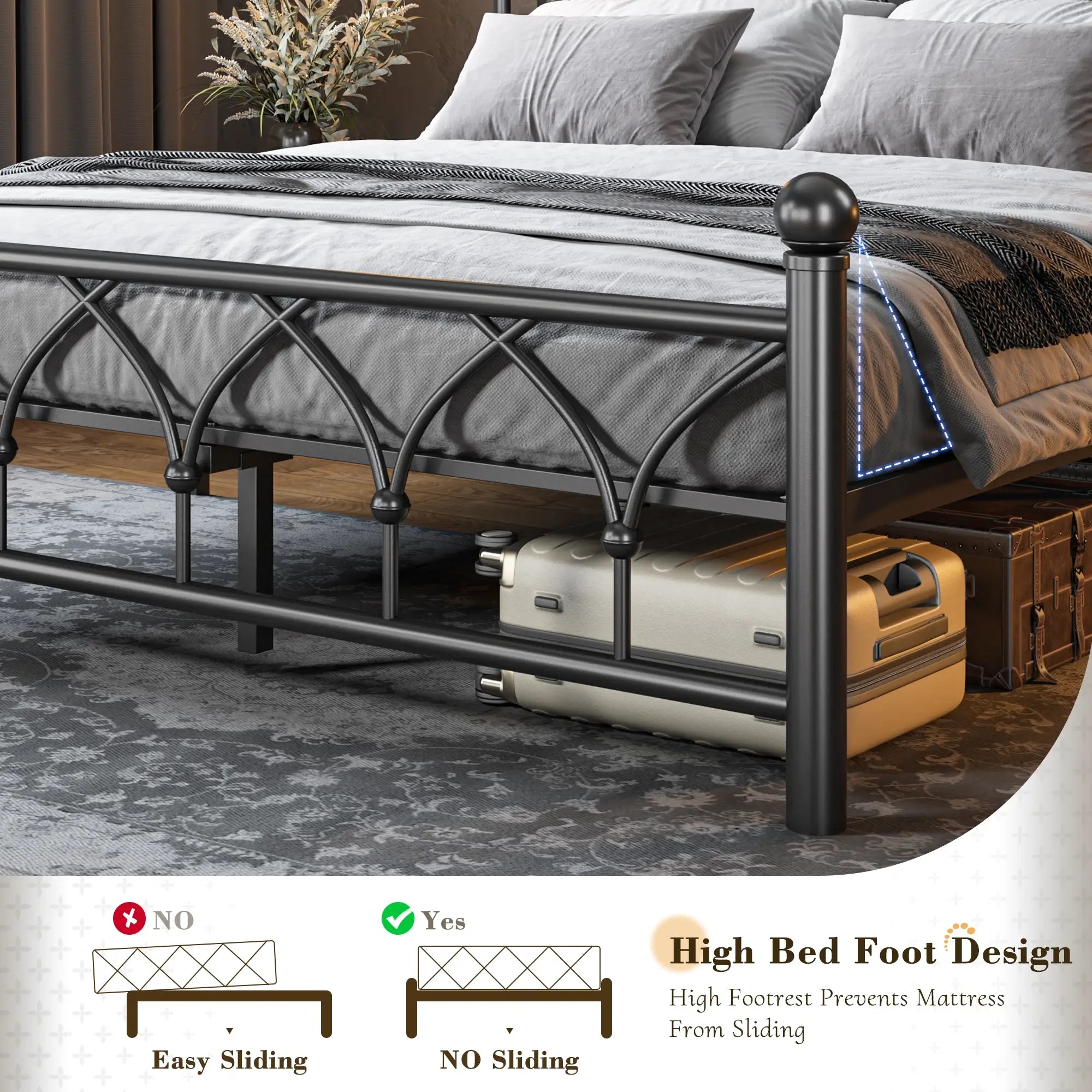 Functional Metal Bed Frame with LED Headboard & Charging Station – Storage Shelf, Noise-Free Design, 882lbs Capacity