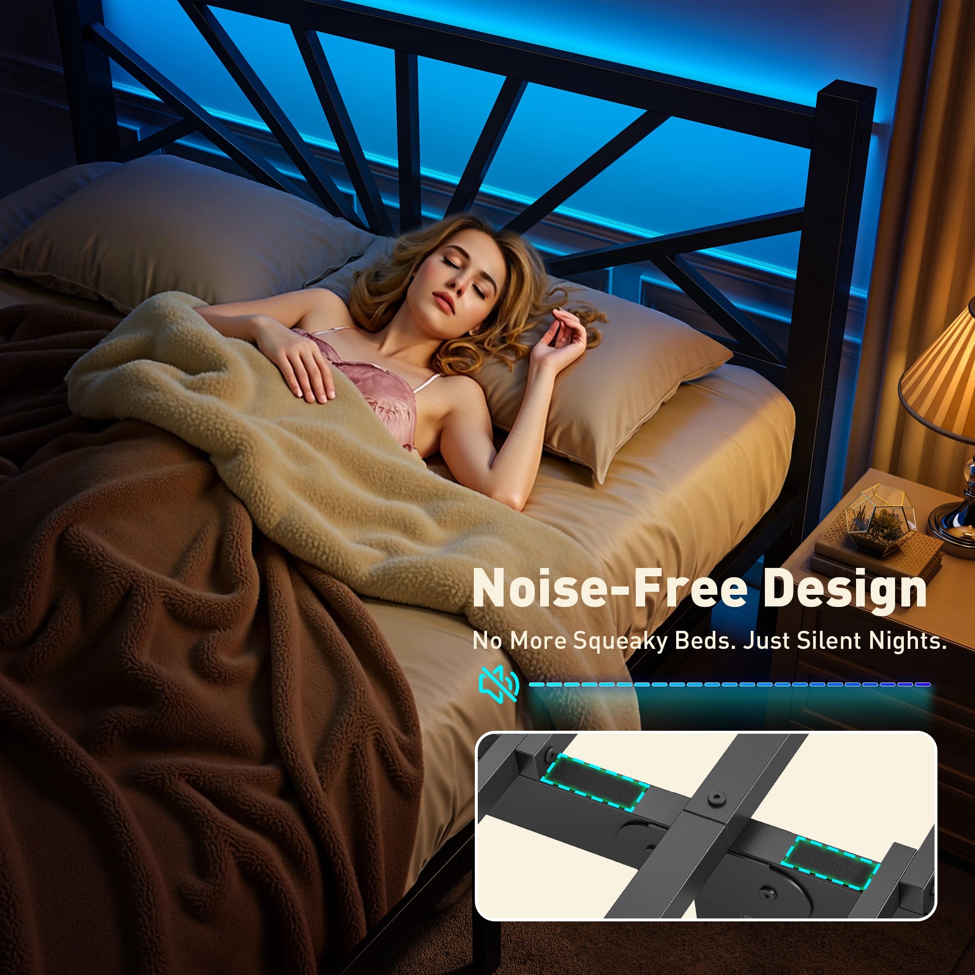 Snhomee Metal Bed Frame with LED Backlight, Storage Space, 1800lbs Weight Capacity & Quiet Structure