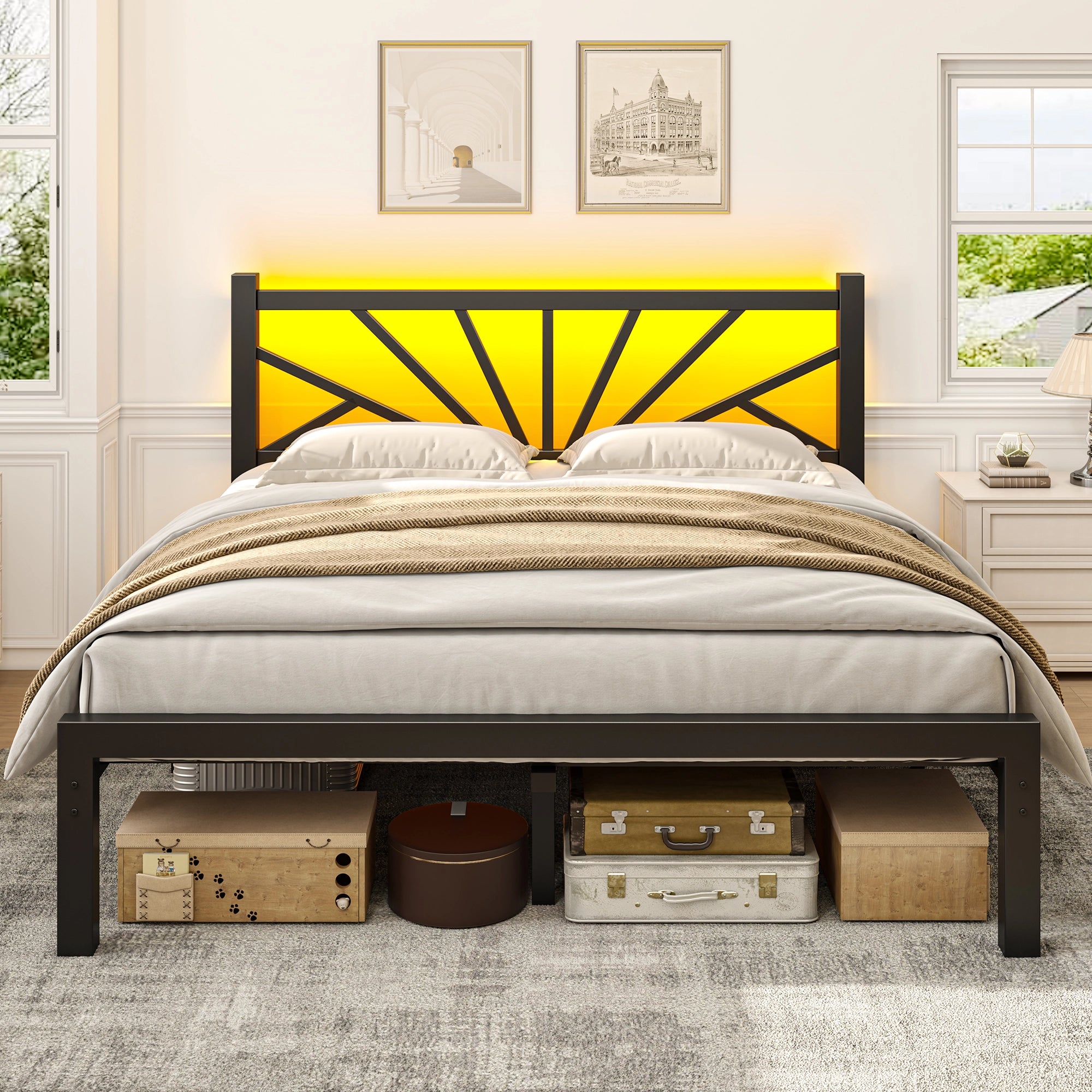 Snhomee Metal Bed Frame with LED Backlight, Storage Space, 1800lbs Weight Capacity & Quiet Structure