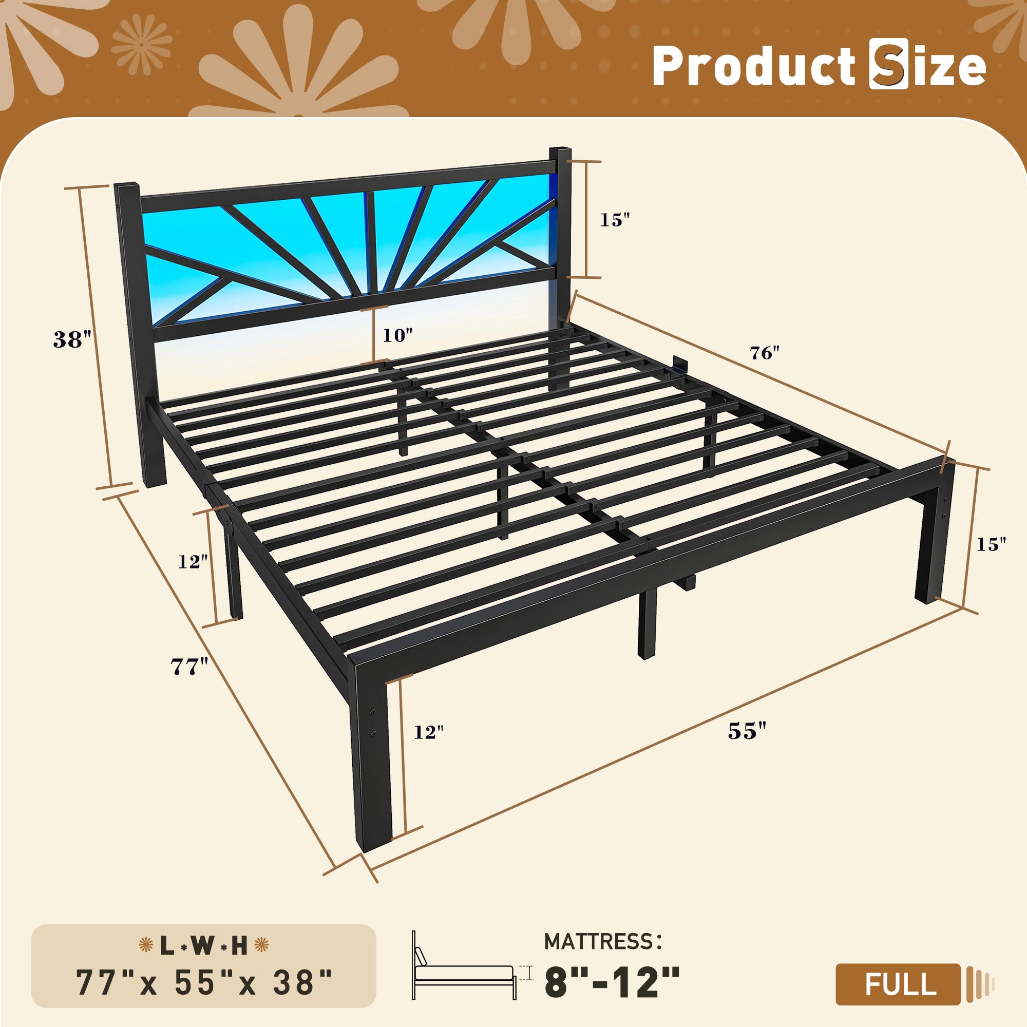 Snhomee Metal Bed Frame with LED Backlight, Storage Space, 1800lbs Weight Capacity & Quiet Structure