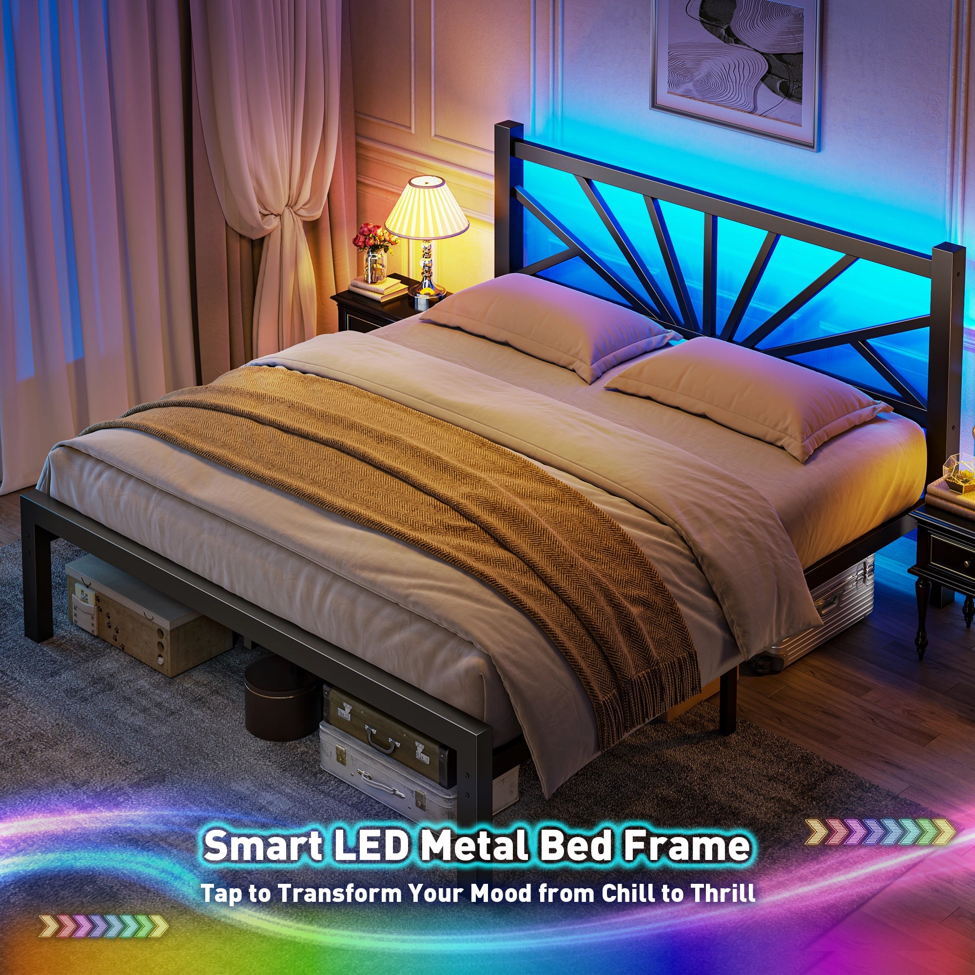 Snhomee Metal Bed Frame with LED Backlight, Storage Space, 1800lbs Weight Capacity & Quiet Structure