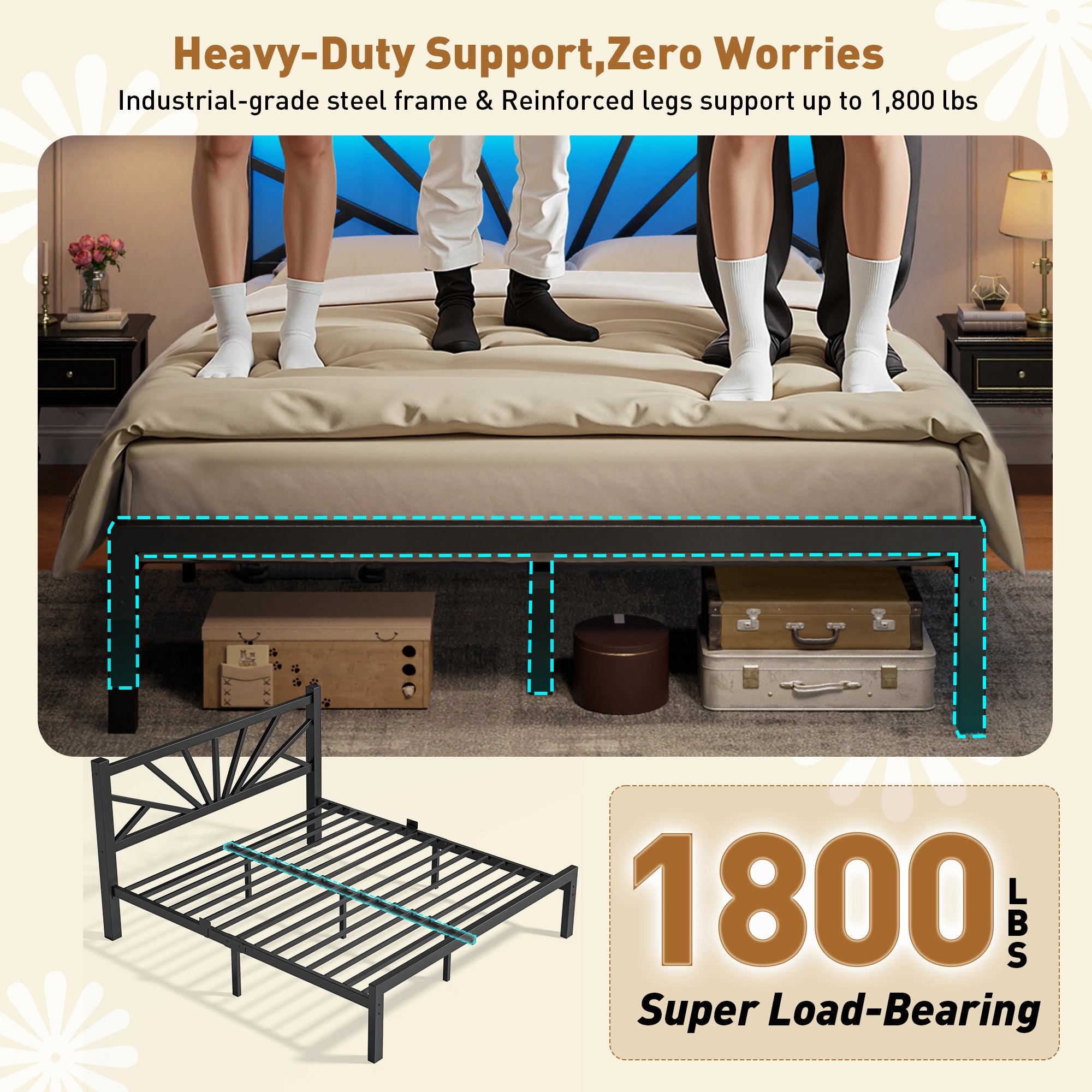 Snhomee Metal Bed Frame with LED Backlight, Storage Space, 1800lbs Weight Capacity & Quiet Structure