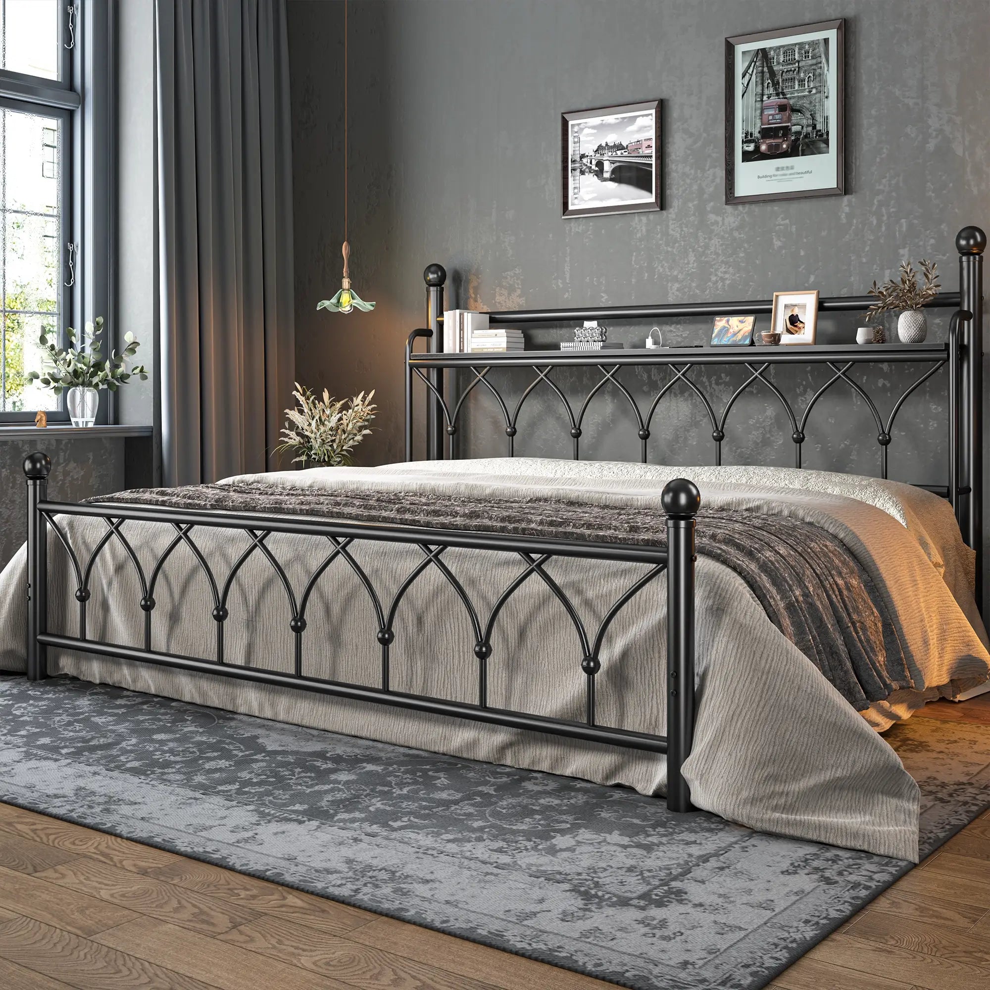 Functional Metal Bed Frame with LED Headboard & Charging Station – Storage Shelf, Noise-Free Design, 882lbs Capacity