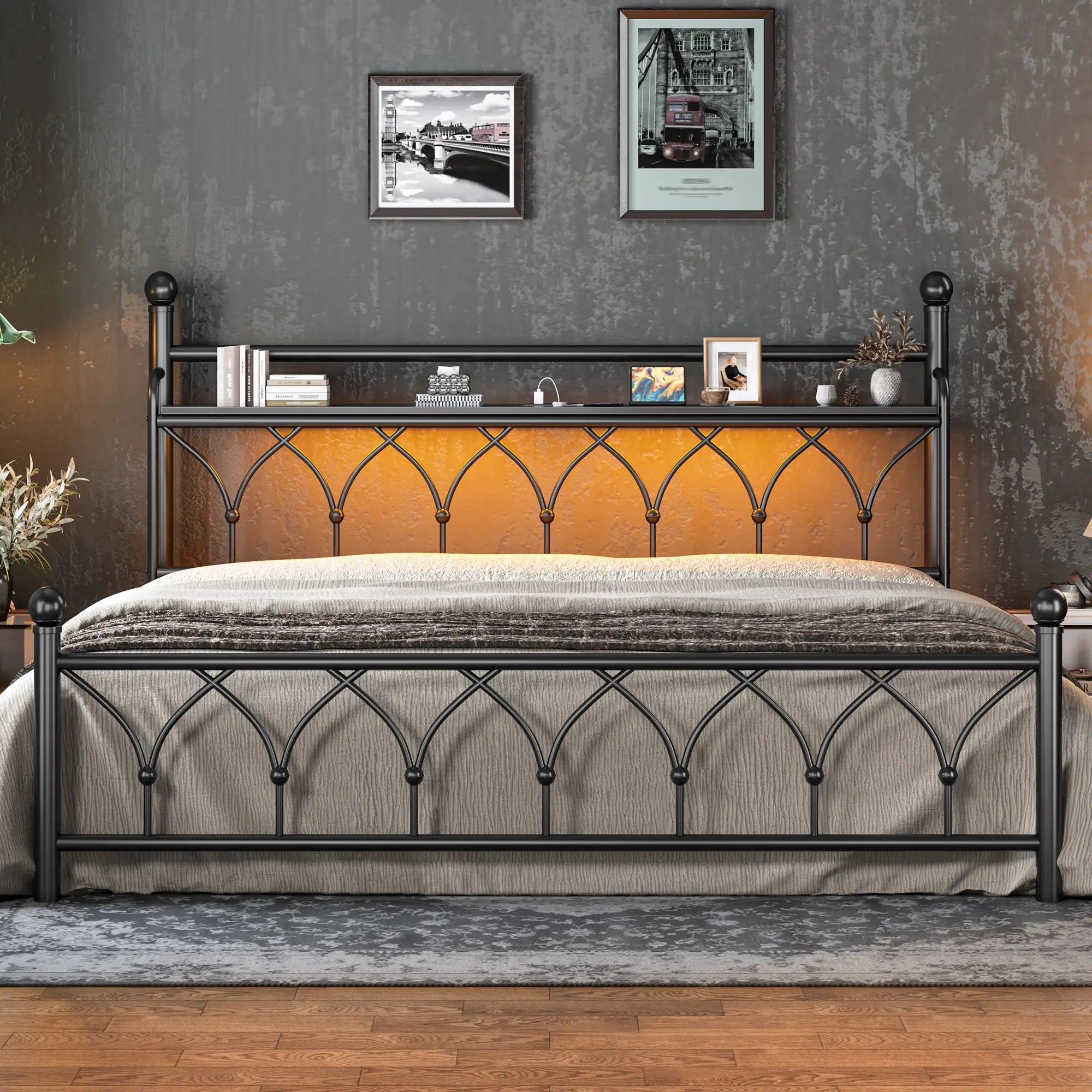 Functional Metal Bed Frame with LED Headboard & Charging Station – Storage Shelf, Noise-Free Design, 882lbs Capacity