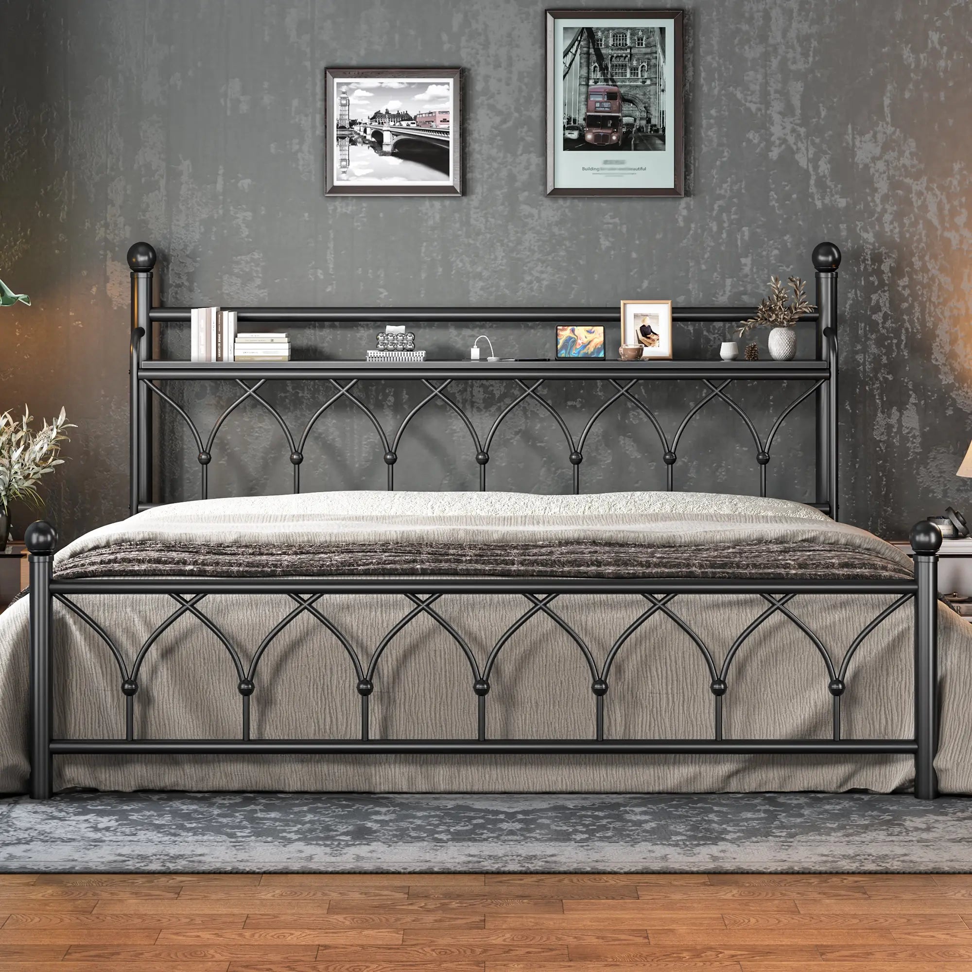Functional Metal Bed Frame with LED Headboard & Charging Station – Storage Shelf, Noise-Free Design, 882lbs Capacity