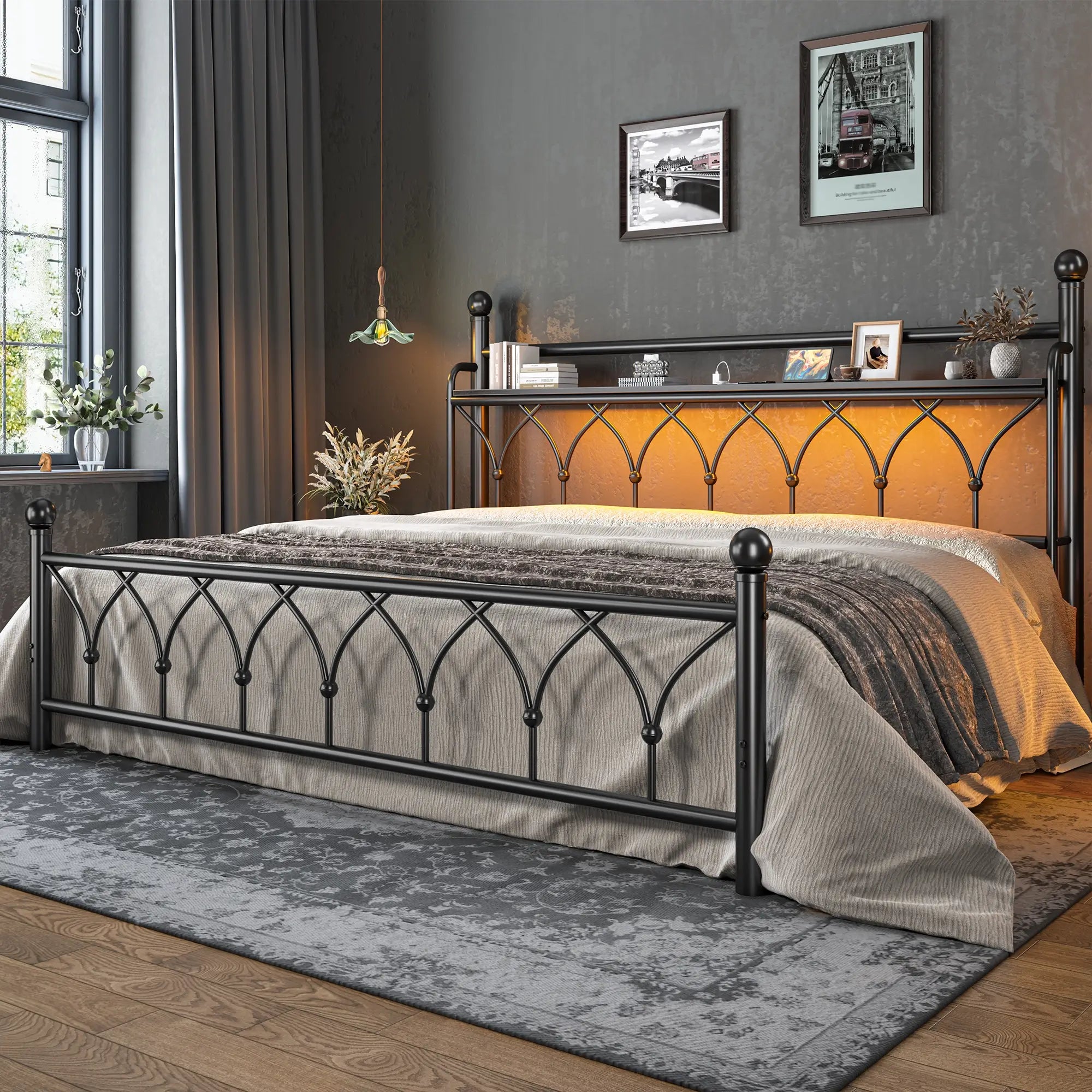 Functional Metal Bed Frame with LED Headboard & Charging Station – Storage Shelf, Noise-Free Design, 882lbs Capacity